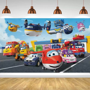 Cartoon SuperWings Birthday Party Decorations Backdrop Kids Super Plane Birthday Party Decor Banner Baby Baptism Party Supplies