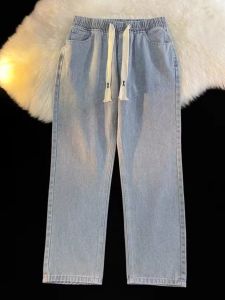 Autumn Straight-leg Denim Men Loose Elastic Waist Winter American Loose Pants High Street Fashion Brand Retro Long Pants
