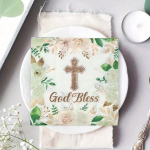 24Pcs/48Pcs Party Napkins Cross Napkins Green Leaves Flowers Golden Cross Baptism Blessing Letter Patterns Birthday Baptism Worship Blessing Party Napkins Thanksgiving Halloween New Year Wedding Baptism Anniversary Celebration Celebr...