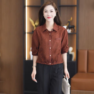 Fashionable Long Sleeve Short Shirt Womens Loose Style Korean Version Breathable Polyester Fiber Commute Wind POLO Collar Button up