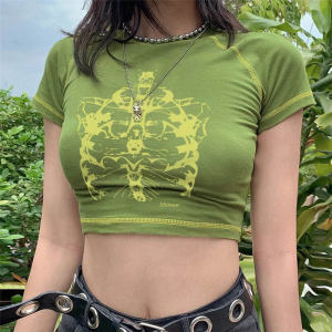 Vintage Skull พิมพ์ Slim Fit เสื้อยืดกราฟิกสําหรับผู้หญิง Street สไตล์แขนสั้นฤดูร้อนเสื้อผ้า