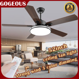 GOGEOUS 52inch ceiling fan with light modern ceiling fan 5 blades big ceiling fan heavy duty ceiling fan with led light 3 colors dimming 6 speed wind ceilings fan with remote wooden design light with fan ceiling for dining room bedroom living room