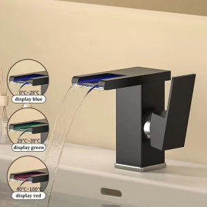 3-Color LED Temperature Waterfall Bathroom Faucet No External Power Hot & Cold Dual Control Tap Brass Countertop Sink Faucet