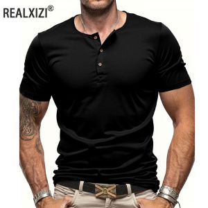 Mens Short Sleeve Henley Neck T-shirt Solid Color Male Tops Slim Fit Button Neck Casual Cozy Tshirt  Streetwear