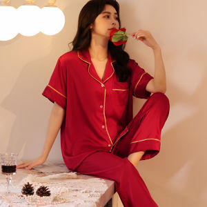 plus Size Ice Silk Sleepwear Short Sleeve Long Pants Set Lightweight Loose Home Clothes for plus Size Women Summer Home Suit