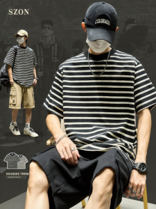 SZON | Black Stripe Heavyweight Casual T-shirt Summer Loose Style Short Sleeve