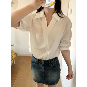 YUEZHONGWEI | French Collar Short Sleeve White V-neck Womens Shirt Summer Design Sensible Maturity Commute Professional Top