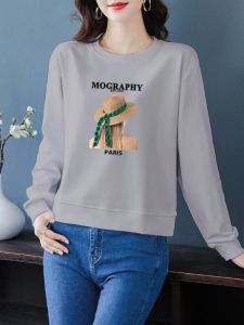 Womens Long Sleeve Cotton T-shirt Loose Fit Base Layer Top Fashionable Casual Style Floral Pattern round Neck Printed Design