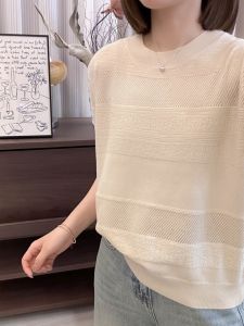 Elegant Ice Silk Short Sleeve T-shirt for Women Summer 2024 New Arrival Age-Reducing Stylish Slim Fit Hollow Needlework Shirt