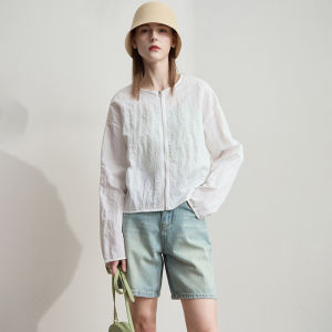 AMII Casual Summer Sun Protection Shirt Womens Lazy Simple Style Outerwear round Neck Long Sleeve Regular Thickness