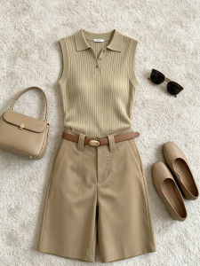 SHAXU | High-end Khaki Knit Tank Top and Shorts Set