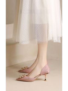 Pink Genuine Leather High Heels Womens Spring Wedding Shoes Pointed Toe Comfortable Maidsmaid Shoes Match New Chinese Cheongsam
