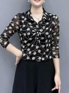 Western Style Printed Lapel Long Sleeve Top Female Early Autumn New Arrival H Temperamental Mother Casual Younger Slim-Fit Slimming Shirt