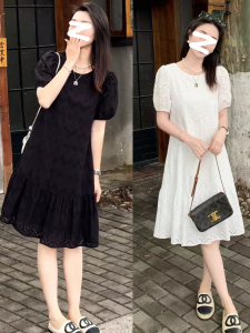 French Lace White Dress Summer plus Size A-Line Short Sleeve Gentle Elegant Slimming Skirt Korean Style Hollow out Loose Waist