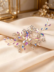 Cross-Border Best-Selling Glittery Water Droplet Wedding Hair Accessories Alloy Ab Colored Crystal Pearl Tree-Shaped Hair Clips