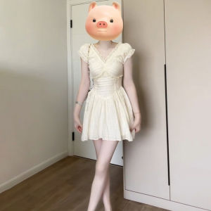 BeautyMark | French Style Bubble Sleeve Short Dress Women Summer New Arrival Cute High Waist A-Line Skirt V-Neck Ruche Detail Midi Dress