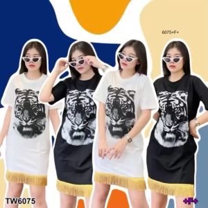 TW6075 เดรสสั้นสกรีนลายเสือขาวดําปลายแต่งพู่ทอง