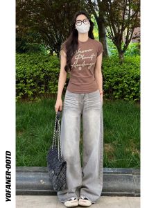 Light Grey Retro Denim Wide Leg Pants Womens High Waist Loose Straight American Style Jeans Trousers for Autumn Season