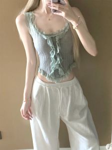 HAPIPP Lace Trim Knitted Vest Womens New 2024 Summer Pure Desire Sweet Style Camisole Underwear Base Shirt Short Length Solid Color Commute Style