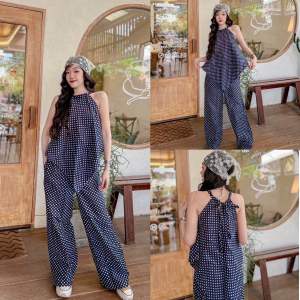 ชุดเซ็ท เสื้อทรงผูกโบว์หลังลายจุด+กางเกงขายาว