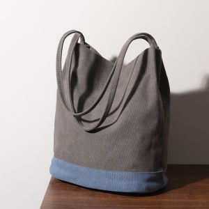 Large Capacity Retro Bucket Bag Contrast Color Satchel Canvas Bag Womens Shoulder Bag Easiest for Match Simple Canvas Bag Schoolbag Satchel