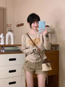 American Retro Heart Printing Tie-Dye T-Shirt Womens Unique Chic Three-Dimensional Bows Long Sleeves Waist-Tight Slimming and Short