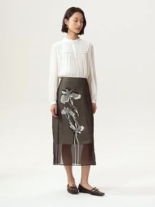 V·grass/V-GRASS | Chân Váy Dài Mềm Mại In Họa Tiết Trên Lụa Organza Chiffon Đậm