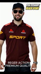 PROMO…!!! BAJU POLO REGER ACTION SPORT TEXT DEPAN LURUS LESS BAHULENGAN GOLD / LOGO SABLON / BAJU PRIA DAN WANITA DEWASA TERBARU