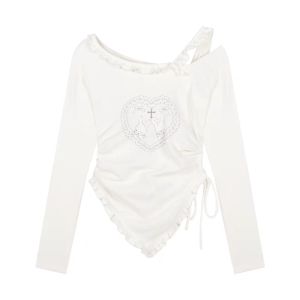 Sweet Cool Spicy Girl Style Small Size Printed T-Shirt Womens Tight Irregular Shoulder Exposure Slimming Short Skirt Two-Piece Set