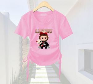 crew neck croptop atasan cewek murah monster labubu model korean serutan 2 sisi lengan pendek