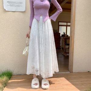 Elegant Long A-Line Skirt Womens Midi Skirt Lace Trim Flared Net Gown New Chinese Style Half-length Skirt Polyester Fiber