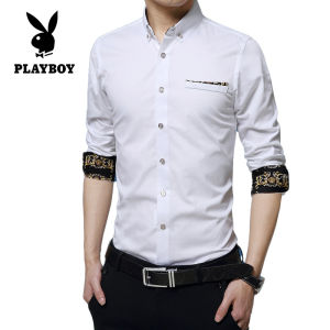 PLAYBOY Mens Shirt Long Sleeve Slim Fit Formal Dress Business Casual Shirt M-5XL