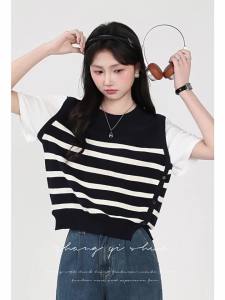 Summer New Stripe Pseudo Two-Piece Patchwork T-Shirt