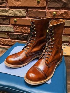Retro Breathable Vintage Style Mens Leather Boots with Lace-Up Closure Knee-High Length Motorcycle Shoes Versatile Trendy