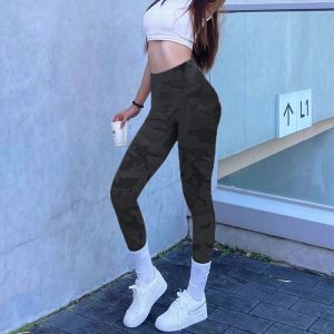 Camouflage High-Waist Yoga Pants Womens Fitness Gym Trousers Quick-Dry Sport Bottom Nine-Piece Leopard Print Abdomen Control