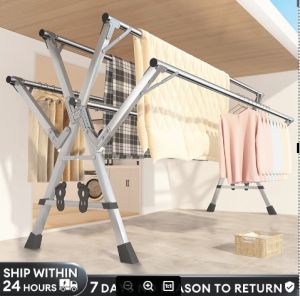 ORDNEVO 2/3/5 Rail Foldable Stainless Clothes Rack Laundry Drying Rack Indoor Outdoor Windproof