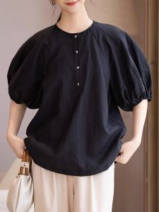 WANGGONGZHU | Elegant Summer Womens T-Shirt Lycra Short Sleeve Loose Fit Thin Bubble Sleeve Top Casual Round Neck Shirt Princess Style