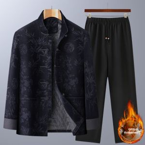Loose Fit Dad Coat Autumn Winter Cotton Jacket for Middle-Aged And Elderly Men Chinese Style Retro Clothing Long Sleeve Plant Floral Pattern