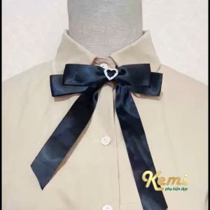 Tag nơ cài áo sơ mi handmade ruy băng phối tim đá ghim cài áo thanh lịch