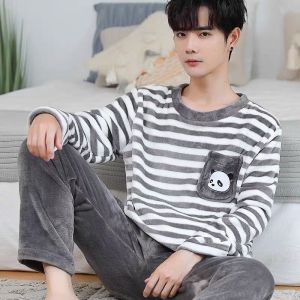 Mens Winter Thickened Fleece Pajamas Home Clothes Set Coral Velvet Long Sleeve round Neck Sweatshirt Elastic Waist Pants