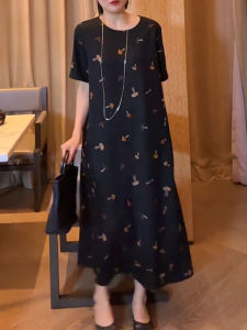 UYFY | ชุดเดรสยาวแขนสั้นพิมพ์ลายคอโปโลสีดำสำหรับผู้หญิง ฤดูใบไม้ร่วง 2025 แฟชั่นใหม่ กระชับสัดส่วน เอวสูง ทรงเอ