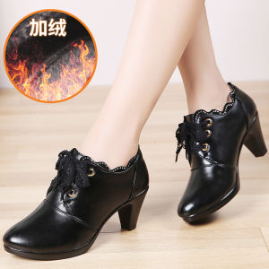 รองเท้าหนังปากลึกส้นสูงสําหรับผู้หญิงสไตล์ลําลองพร้อม Rhinestone และสายไขว้พื้นยางกันลื่นสําหรับเยาวชนและวัยกลางคน