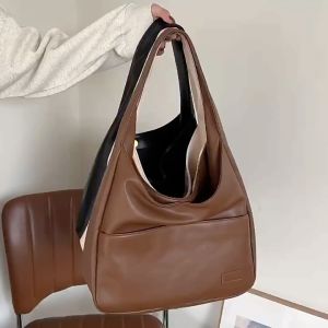 [SG SELLER] 3 Colors Retro Women Large Capacity PU Leather Simple School Casual Tote Bag