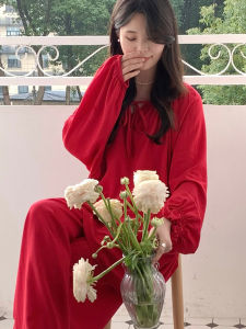 Spring Autumn New Style Womens Sleepwear Cotton Silk Loose Long Sleeve Thin Home Clothes Set Red Lucky Year Butterfly Knot