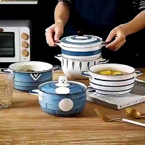 Japanese Ceramic Soup & Noodle Bowl with Double Handles + Lid