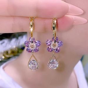 New Purple Crystal Flower Dangle Earrings For Women Shining Zircon Love Heart Waterdrop Earring Wedding Luxury Jewelry