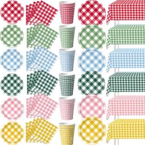 Gingham Birthday Disposable Tableware Checkered Party Supplies Plates Napkins Classic Picnic Holiday Garden Party Decorations