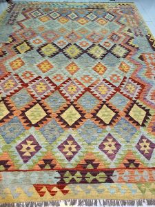 Authentic Turkish Kilim Rug – 250x350 cm | 100% Wool | Handmade & Hand-Knotted | Multicolor Geometric Design | Reversible & Fine Weave