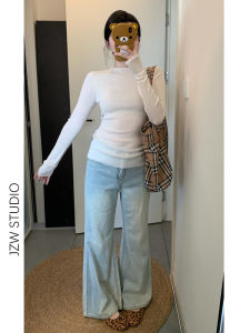 Ice Blue Bell Bottom Jeans Women Loose Slimming Natural Waist Floor Length Pants American Style Wear Resistant Spring Summer