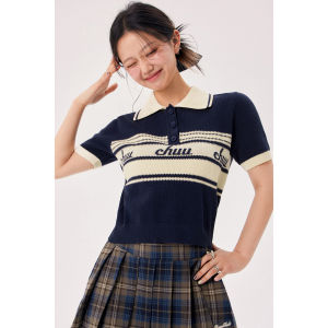 Chuu Womens Short Sleeve Knitted Sweater Letter Contrast Color Collar Short Style Autumn New Arrival Korean Style Slim Fit